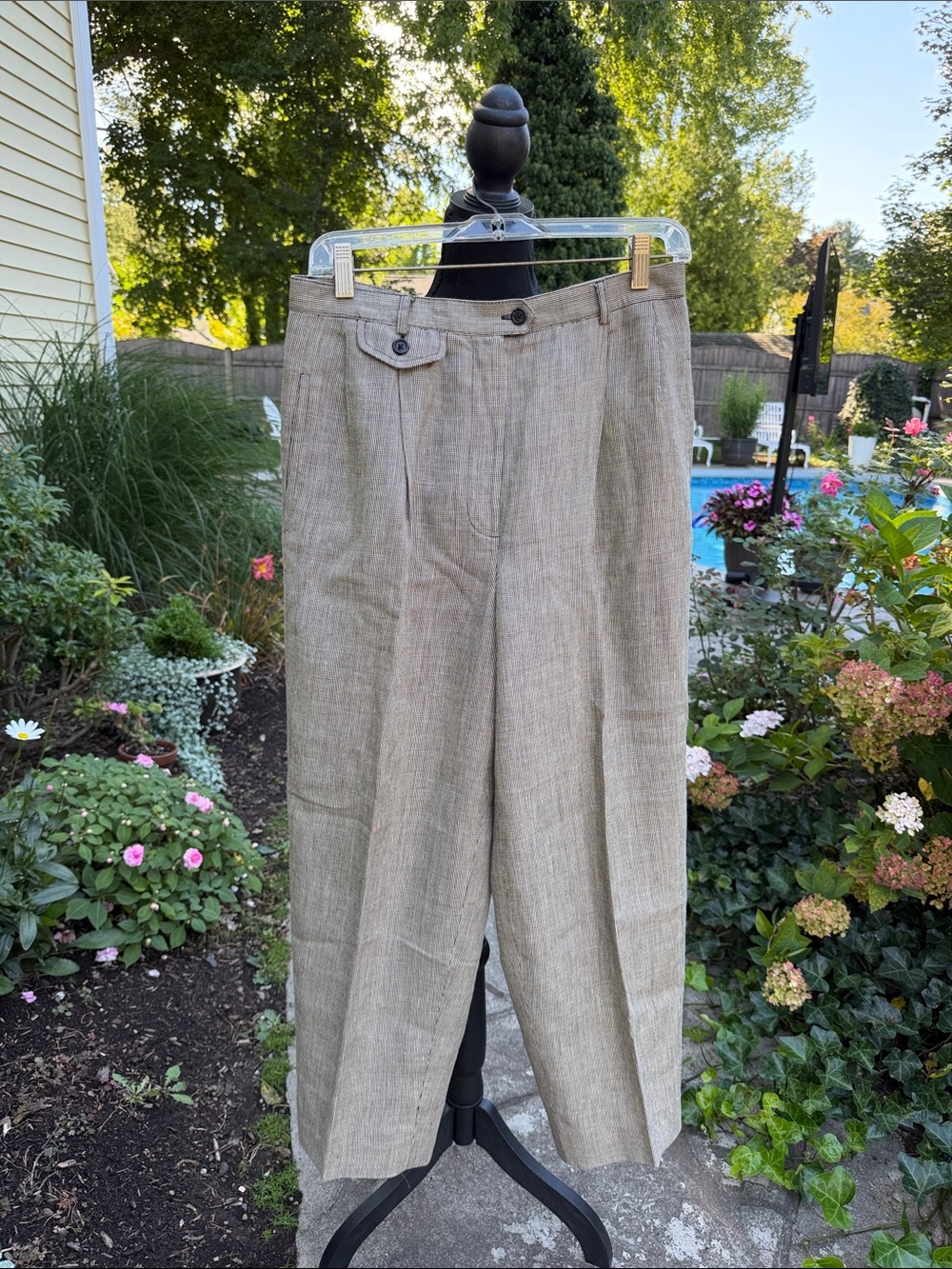 Lauren Ralph Lauren 14W Linen Wool Plaid Trousers Wide Leg Quiet Luxury